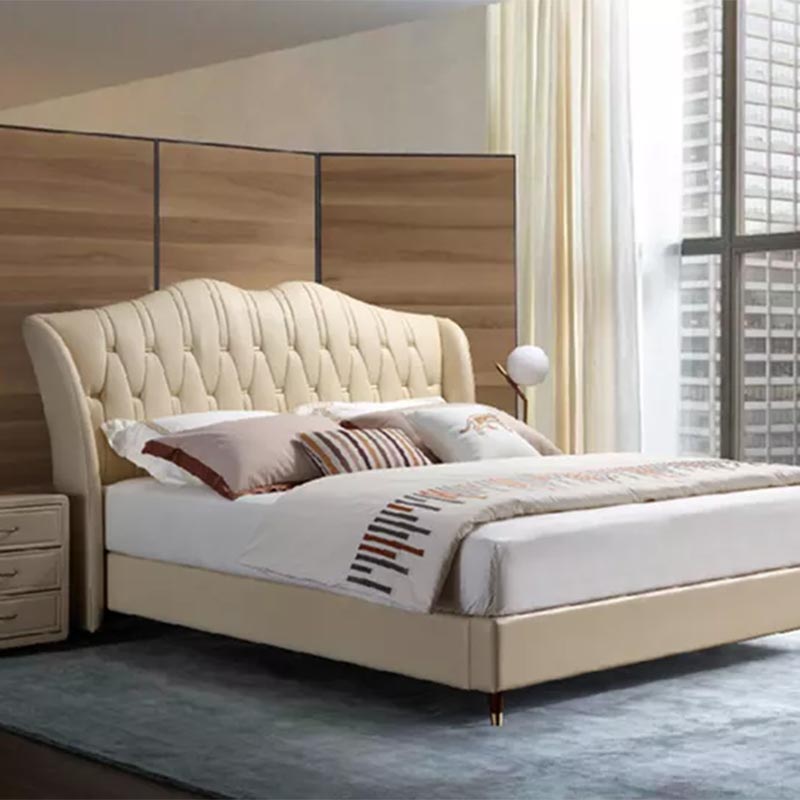 Cama de cuero genuino con respaldo alto y base de madera maciza