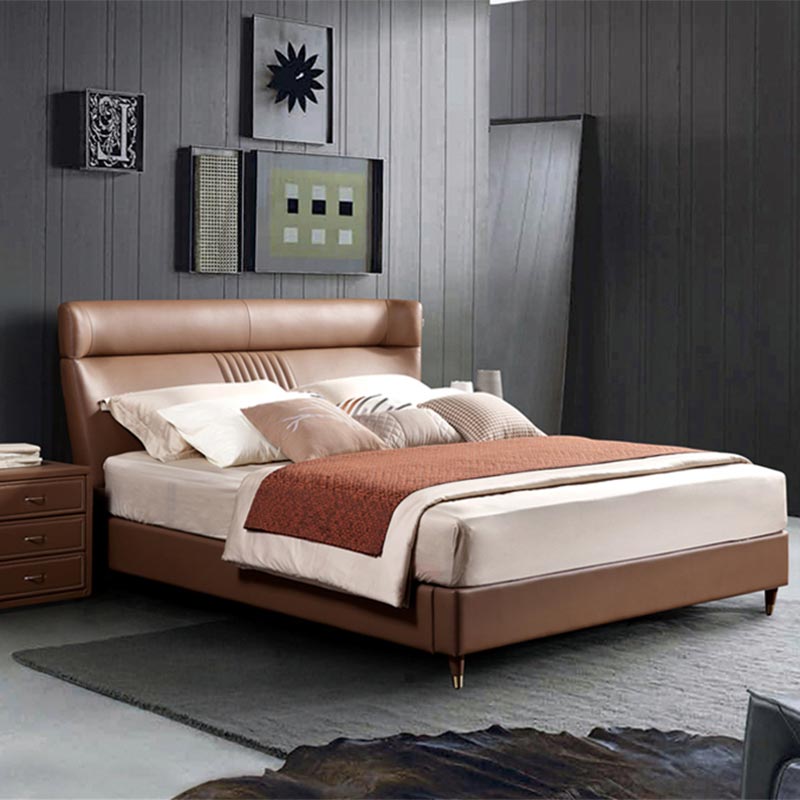 Cama minimalista tapizada en cuero italiano